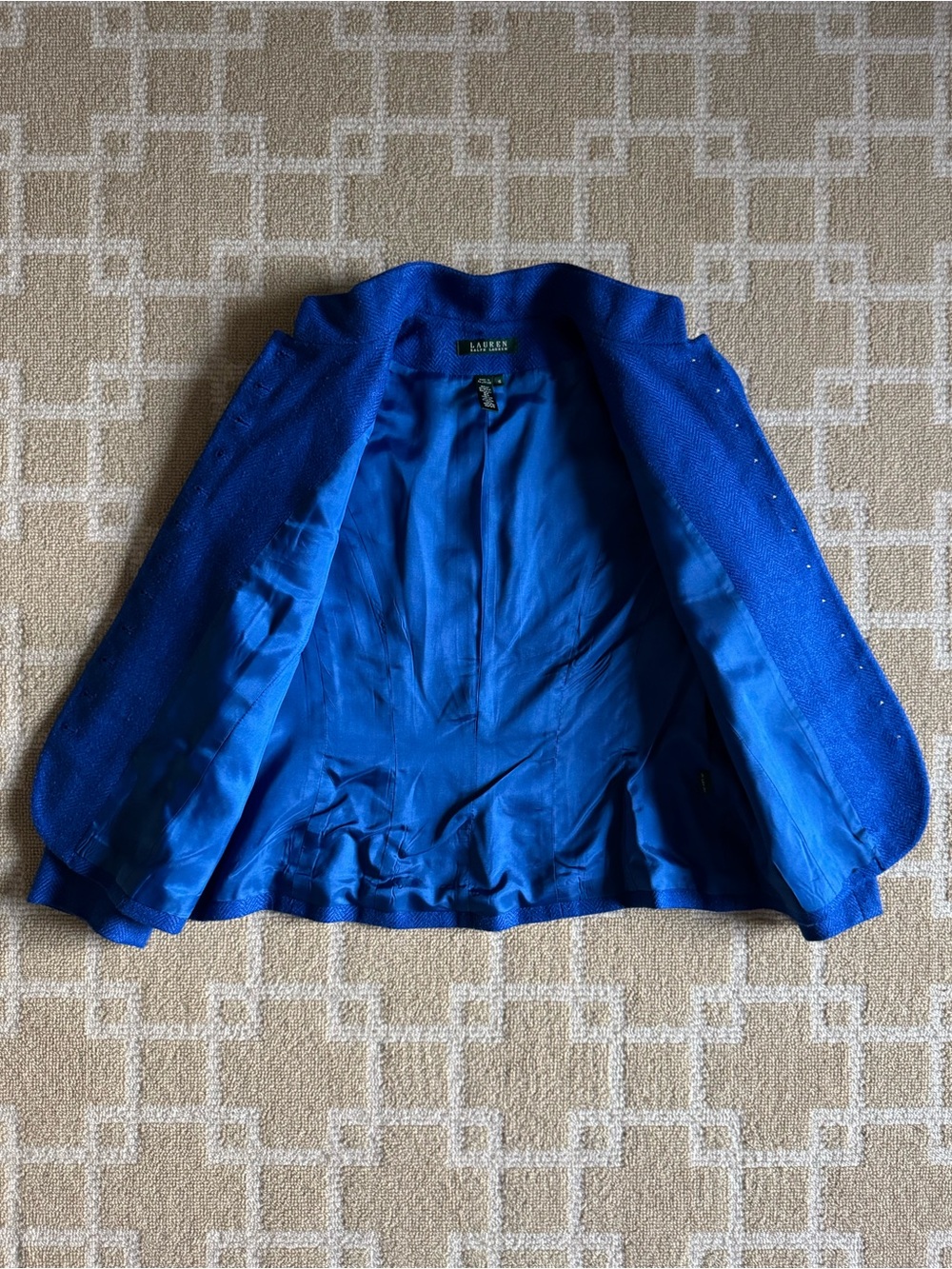 Lauren Ralph Lauren Herringbone Wool Blend Button Jacket Cobalt Blue Size 12 - Picture 4 of 5